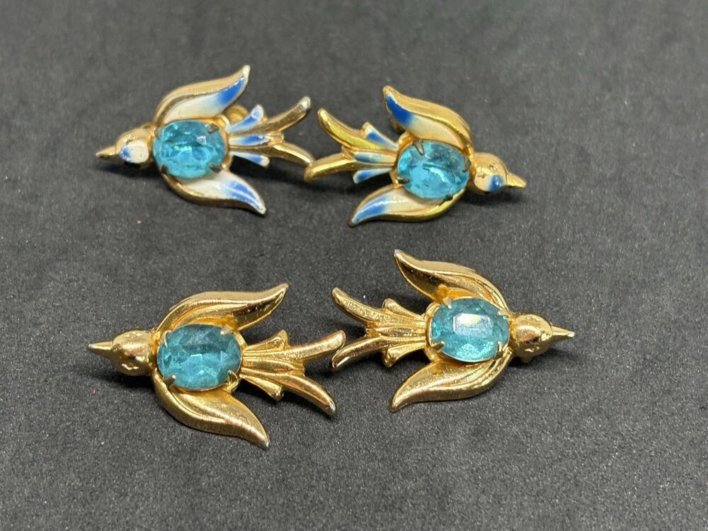 Vtg Coro Golden Pegasus Swallow Screwback Blue Enamel Rhinestone Earrings Brooch